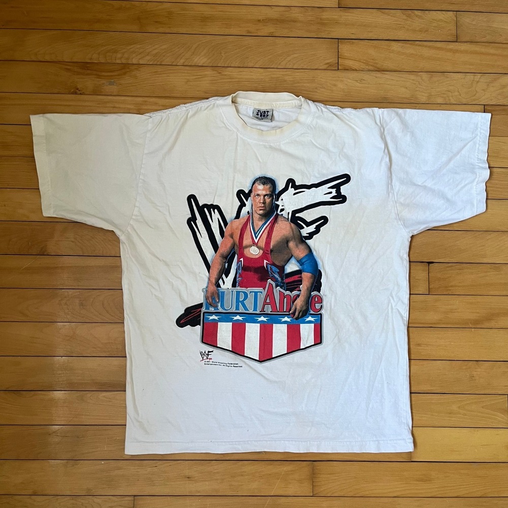 Vintage 2001 WWF Kurt Angle T-Shirt White Large Attitude Era WWE Wrestling Tee